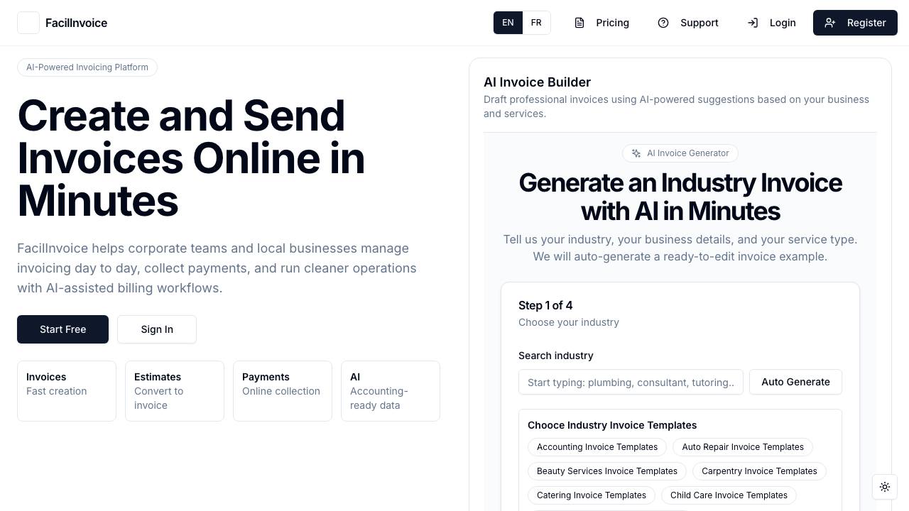 FacilInvoice website screenshot